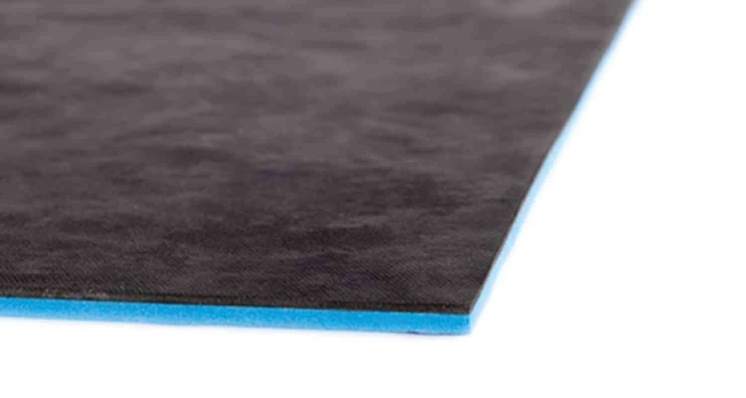 MuteMat® 2 is a 10mm thick, two-ply acoustic underlay comprising a 6mm closed-cell polyethylene foam layer and a 4mm mass-loaded vinyl (MLV) layer.